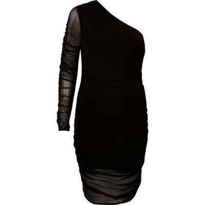 Black mesh ruched one shoulder dress